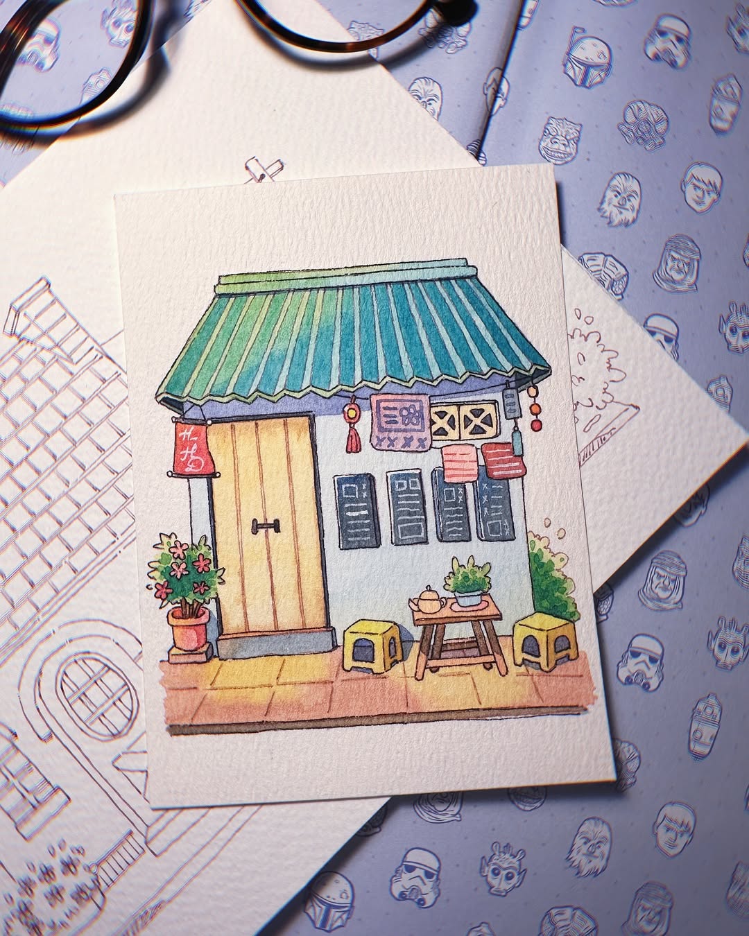 Tiny Tea Shop - Watercolor Storefront Illustration
